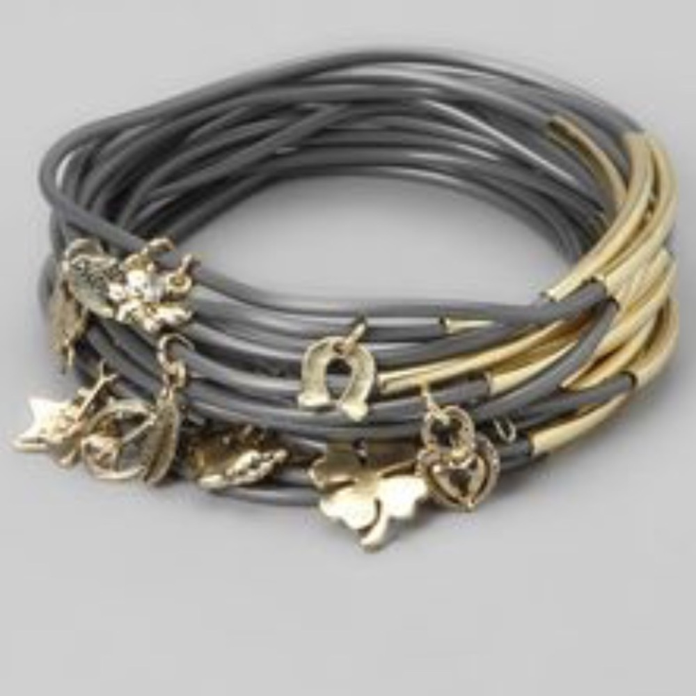 New Grey Rubber & Hanging Gold charm Bracelet Set